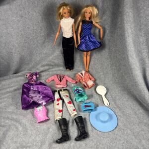 Barbie Doll Lot of 2 Dolls w/ 9 Outfits & Accessories Ken Boots Sun Hat Brush